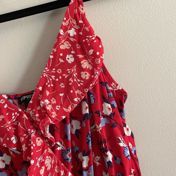 Express Women Sz L Red Floral Faux Wrap Adj Spaghetti Strap Ruffled Sundress - Picture 7 of 11